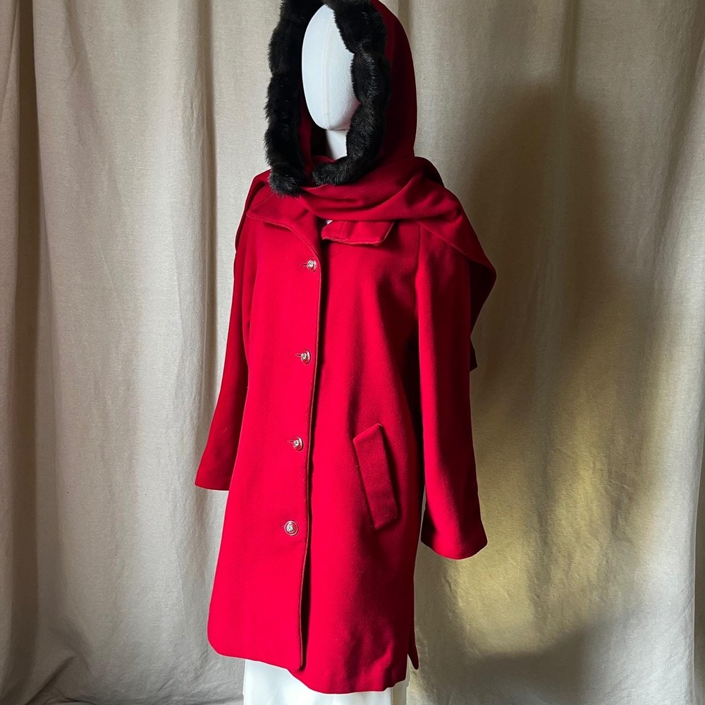 Vintage Dennis Basso Red Wool Cashmere Coat Fur Trim Hood Scarf S